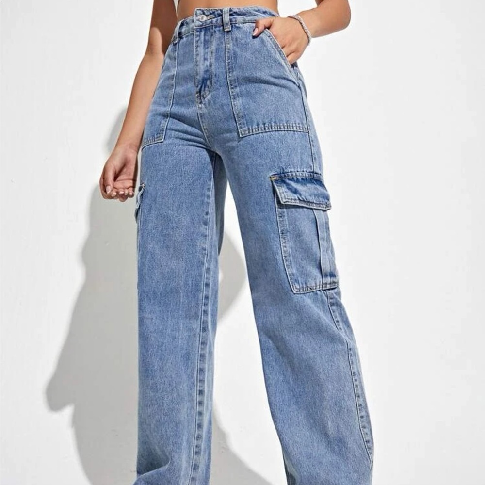 Light blue high waisted flap pocket cargo jeans